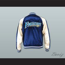 Load image into Gallery viewer, Hokkaido Nippon-Ham Fighters Blue and White Varsity Letterman Satin Bomber Jacket