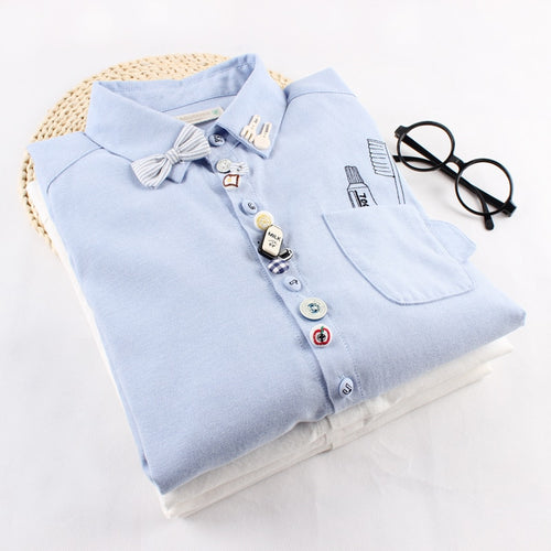 MUMUZI preppy style cotton cartoon blouse mori girl white and light blue cute shirts japanese autumn and winter patches tops