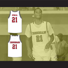 Load image into Gallery viewer, Shaqir O'Neal 21 Crossroads School Roadrunners White Basketball Jersey 2