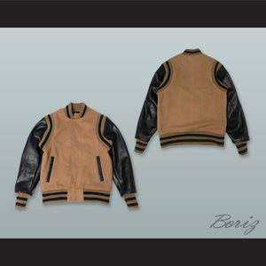 Tan Wool and Black Lab Leather Varsity Letterman Jacket
