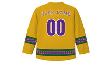 Load image into Gallery viewer, Advent Original Hockey Jersey in Candle Gold, back view with tiny pine-tree pattern sleeve and hem stripes and your name and number