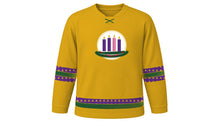 Load image into Gallery viewer, Advent Original Hockey Jersey in Candle Gold, front view – an evergreen wreath with three purple candles and one rose candle on the chest and tiny pine-tree pattern sleeve and hem stripes – custom name and number