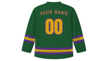Load image into Gallery viewer, Advent Original Hockey Jersey in Evergreen, back view with tiny pine-tree pattern sleeve and hem stripes and your name and number