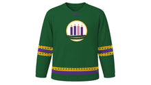Load image into Gallery viewer, Advent Original Hockey Jersey in Evergreen, front view – an evergreen wreath with three purple candles and one rose candle on the chest and tiny pine-tree pattern sleeve and hem stripes – custom name and number