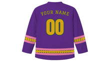 Load image into Gallery viewer, Advent Original Hockey Jersey in Advent Purple, back view with tiny pine-tree pattern sleeve and hem stripes and your name and number