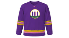 Load image into Gallery viewer, Advent Original Hockey Jersey in Advent Purple, front view – an evergreen wreath with three purple candles and one rose candle on the chest and tiny pine-tree pattern sleeve and hem stripes – custom name and number