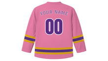 Load image into Gallery viewer, Advent Original Hockey Jersey in Rose Pink, back view with tiny pine-tree pattern sleeve and hem stripes and your name and number