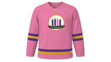 Load image into Gallery viewer, Advent Original Hockey Jersey in Rose Pink, front view – an evergreen wreath with three purple candles and one rose candle on the chest and tiny pine-tree pattern sleeve and hem stripes – custom name and number