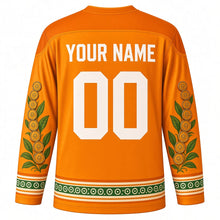 Load image into Gallery viewer, Akshaya Tritiya Original Hockey Jersey in Saffron, back view with custom YOUR NAME and 00