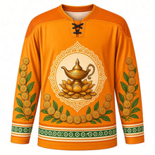 Load image into Gallery viewer, Akshaya Tritiya Original Hockey Jersey in Saffron, front view with themed artwork and clean crest