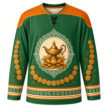 Load image into Gallery viewer, Akshaya Tritiya Original Hockey Jersey in Emerald Green, front view with themed artwork and clean crest