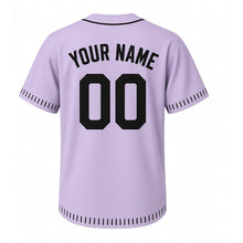 Load image into Gallery viewer, Alarm Clock Milwaukee Baseball Jersey in Snooze Lavender, back view with your name and number – custom block name and number with tick-mark sleeves