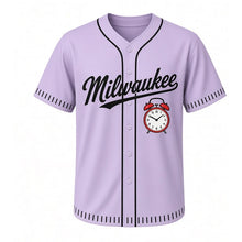 Load image into Gallery viewer, Alarm Clock Milwaukee Baseball Jersey in Snooze Lavender, front view – retro twin-bell alarm clock graphic, custom name and number