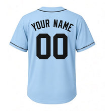 Load image into Gallery viewer, Alarm Clock Milwaukee Baseball Jersey in Daybreak Sky Blue, back view with your name and number – custom block name and number with tick-mark sleeves