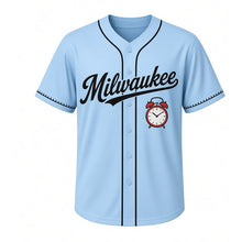 Load image into Gallery viewer, Alarm Clock Milwaukee Baseball Jersey in Daybreak Sky Blue, front view – retro twin-bell alarm clock graphic, custom name and number