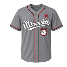 Load image into Gallery viewer, Alarm Clock Milwaukee Baseball Jersey in First Shift Steel, front view – retro twin-bell alarm clock graphic, custom name and number