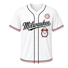 Load image into Gallery viewer, Alarm Clock Milwaukee Baseball Jersey in Morning White, front view – retro twin-bell alarm clock graphic, custom name and number