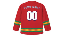 Load image into Gallery viewer, Alasitas Original Hockey Jersey in Aguayo Red, back view with your name and number