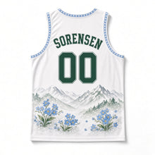Load image into Gallery viewer, Alaska Forget-Me-Not Original Basketball Jersey in Glacier White, back view with your name and number