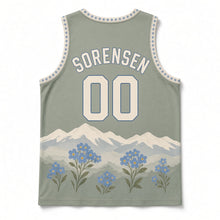 Load image into Gallery viewer, Alaska Forget-Me-Not Original Basketball Jersey in Tundra Spruce, back view with your name and number