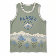 Load image into Gallery viewer, Alaska Forget-Me-Not Original Basketball Jersey in Tundra Spruce, front view – custom name and number