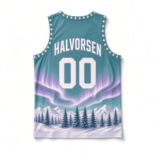 Load image into Gallery viewer, Alaska Northern Lights Original Basketball Jersey in Aurora Teal, back view with your name and number