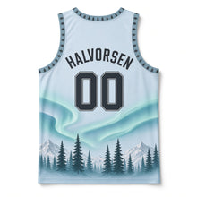 Load image into Gallery viewer, Alaska Northern Lights Original Basketball Jersey in Glacier Ice, back view with your name and number
