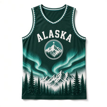 Load image into Gallery viewer, Alaska Northern Lights Original Basketball Jersey in Spruce Green, front view – custom name and number