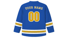 Load image into Gallery viewer, All Saints' Day Original Hockey Jersey in Royal Blue, back view with star-studded sleeve and hem stripes and your name and number