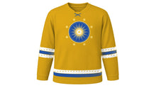 Load image into Gallery viewer, All Saints' Day Original Hockey Jersey in Radiant Gold, front view – a radiant gold sunburst medallion ringed by eight-point stars on the chest and star-studded sleeve and hem stripes – custom name and number