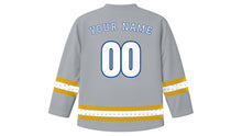 Load image into Gallery viewer, All Saints' Day Original Hockey Jersey in Silver Gray, back view with star-studded sleeve and hem stripes and your name and number