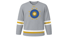 Load image into Gallery viewer, All Saints' Day Original Hockey Jersey in Silver Gray, front view – a radiant gold sunburst medallion ringed by eight-point stars on the chest and star-studded sleeve and hem stripes – custom name and number