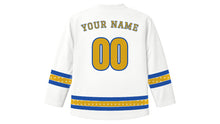 Load image into Gallery viewer, All Saints' Day Original Hockey Jersey in Pure White, back view with star-studded sleeve and hem stripes and your name and number