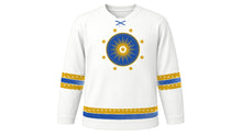 Load image into Gallery viewer, All Saints' Day Original Hockey Jersey in Pure White, front view – a radiant gold sunburst medallion ringed by eight-point stars on the chest and star-studded sleeve and hem stripes – custom name and number