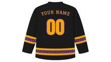 Load image into Gallery viewer, All Souls' Day Original Hockey Jersey in Midnight Black, back view with candle-glow dotted sleeve and hem stripes and your name and number