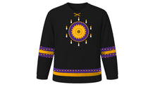 Load image into Gallery viewer, All Souls' Day Original Hockey Jersey in Midnight Black, front view – a marigold blossom medallion ringed by small glowing candles on the chest and candle-glow dotted sleeve and hem stripes – custom name and number