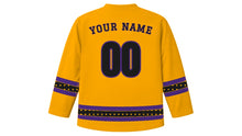 Load image into Gallery viewer, All Souls' Day Original Hockey Jersey in Marigold Orange, back view with candle-glow dotted sleeve and hem stripes and your name and number