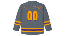Load image into Gallery viewer, All Souls' Day Original Hockey Jersey in Slate Gray, back view with candle-glow dotted sleeve and hem stripes and your name and number