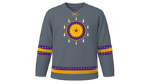 Load image into Gallery viewer, All Souls' Day Original Hockey Jersey in Slate Gray, front view – a marigold blossom medallion ringed by small glowing candles on the chest and candle-glow dotted sleeve and hem stripes – custom name and number