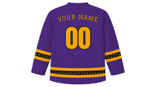 Load image into Gallery viewer, All Souls' Day Original Hockey Jersey in Deep Violet, back view with candle-glow dotted sleeve and hem stripes and your name and number