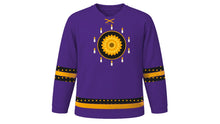 Load image into Gallery viewer, All Souls' Day Original Hockey Jersey in Deep Violet, front view – a marigold blossom medallion ringed by small glowing candles on the chest and candle-glow dotted sleeve and hem stripes – custom name and number