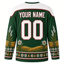 Load image into Gallery viewer, Almabtrieb Original Hockey Jersey in Alpine Green, back view with custom YOUR NAME and 00
