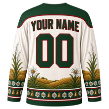 Load image into Gallery viewer, Almabtrieb Original Hockey Jersey in Edelweiss White, back view with custom YOUR NAME and 00