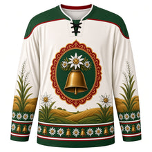 Load image into Gallery viewer, Almabtrieb Original Hockey Jersey in Edelweiss White, front view with themed artwork and clean crest
