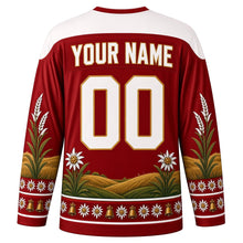 Load image into Gallery viewer, Almabtrieb Original Hockey Jersey in Tracht Red, back view with custom YOUR NAME and 00