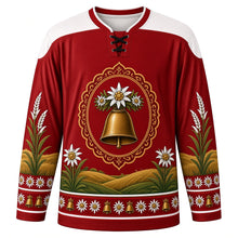 Load image into Gallery viewer, Almabtrieb Original Hockey Jersey in Tracht Red, front view with themed artwork and clean crest