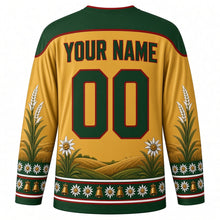 Load image into Gallery viewer, Almabtrieb Original Hockey Jersey in Hay Gold, back view with custom YOUR NAME and 00