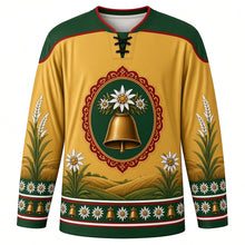 Load image into Gallery viewer, Almabtrieb Original Hockey Jersey in Hay Gold, front view with themed artwork and clean crest