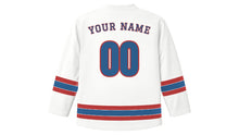 Load image into Gallery viewer, Almaty Original Hockey Jersey in Snow White, back view with your name and number