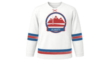 Load image into Gallery viewer, Almaty Original Hockey Jersey in Snow White, front view – custom name and number